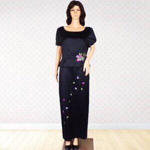 MAGGIE & ME size 12 black/multicolor floral embroidery 2-part maxi sheath dress